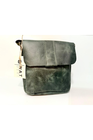 Natderi Hakiki Deri Unisex Omuz Ve Postacı Çanta - Ayarlanabilir Askılı Haki Renk 20x22 Cm Haki