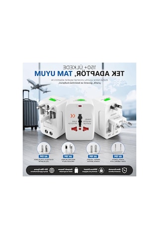 2 Adet Seyahat Adaptörü, 150 Ülkeye Uygun, Usb Girişli Çok Amaçlı Priz Dönüştürücü, Akım Korumalı.