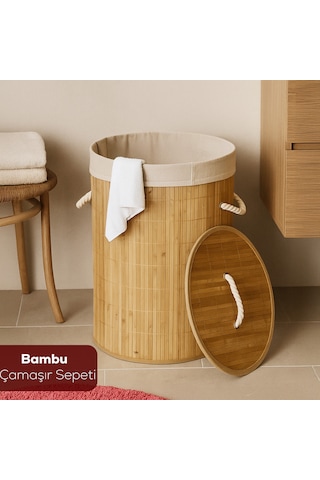 Porsima Pbt-052 Kapaklı Kirli Çamaşır Sepeti Yuvarlak - Bambu Kirli Çamaşır Sepeti Bambu