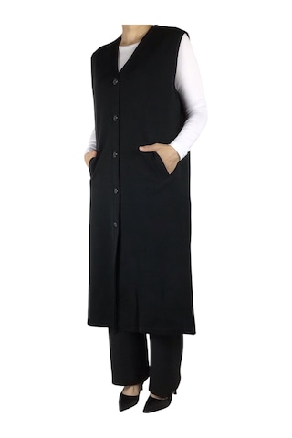 Kadın Önü Düğmeli Uzun Cepli Mevsimlik Çelik Örgü Yelek Siyah