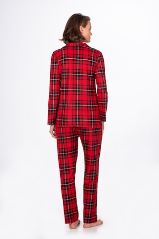 Kadın Süet Önden Düğmeli Pijama Takımı Ekose Kırmızı Kırmızı - Siyah