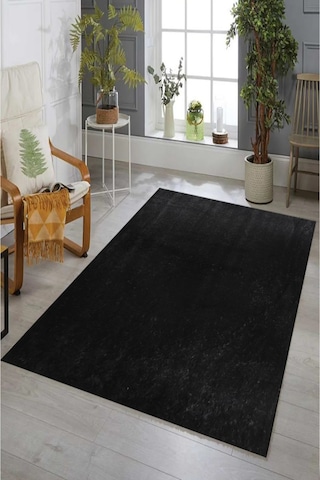 Siyah Fluffy Post Peluş Halı Antibakteriyel Kaymaz Taban