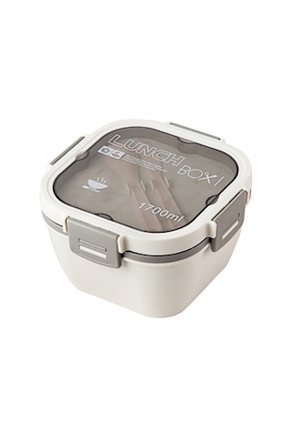 Aubyhe 1700ml Beyaz Çift Katlı 4 Bölmeli Mikrodalga Uygun Plastik Salata Kutusu - Bıçak, Çatal Ve Kapaklı Sosu Haznesi İle Beyaz