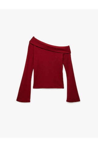 Koton Pamuklu Slim Fit Uzun İspanyol Kollu Omzu Açık Tişört Bordo 6wak50039ek Bordo