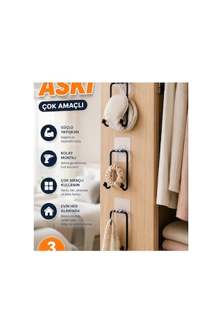 3 Lü Yapışkanlı Duvar Askısı Çok Amaçlı Düzenleyici Renkli