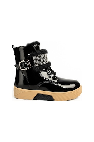 Günlük Kız Çocuk Rugan Bot Fermuarlı Lastik Bağcıklı Kürk Ve Taş Detaylı Kaymaz Taban Bootie 391 Siyah-rugan