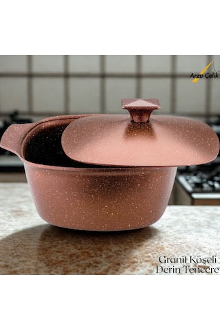 Katre 28 Cm Granit Köşeli Derin Tencere Alüminyum Kapak - Koyu Bakır