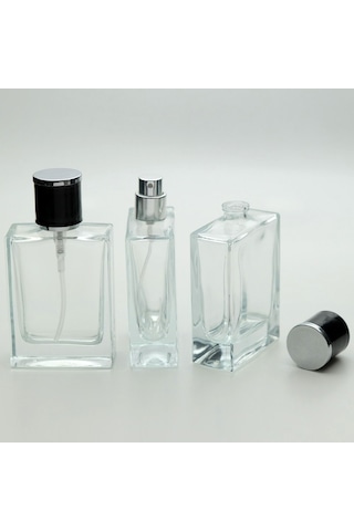20 Adet Boş Cam Parfüm Şişe, 50 Ml, Dolgulu Kare Model, Şeffaf