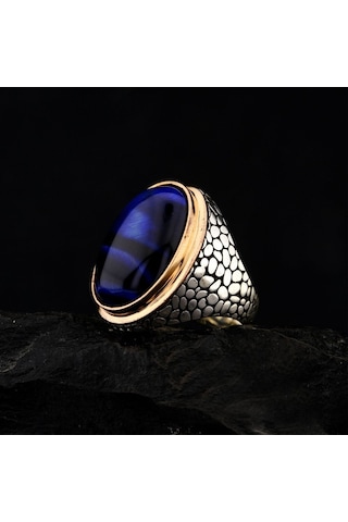 925 Ayar Gümüş Mavi Kaplan Gözü Taşlı Duvar Desenli Erkek Yüzük Çok Renkli