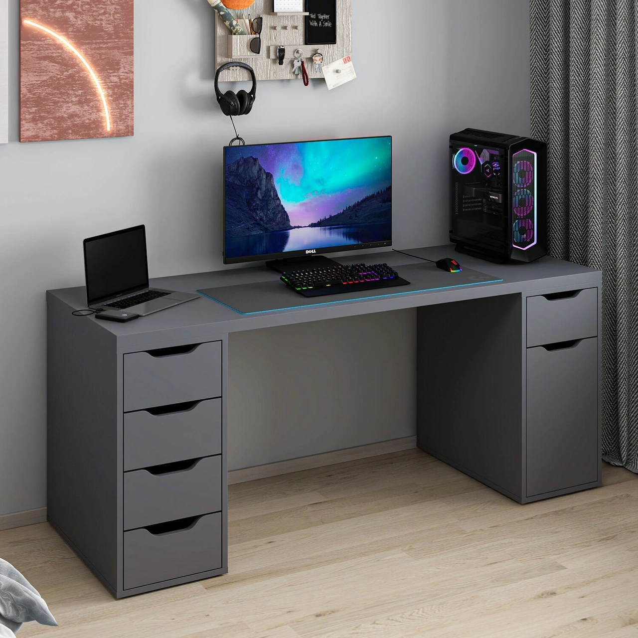 Alen 180 Cm 5 Çekmeceli Dolaplı Çalışma & Oyuncu Masası - Antrasit Siyah