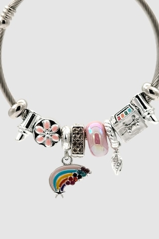Gökkuşağı Ve Sanat Temalı Charm Detaylı Silver Pembe Bijuteri Kelepçe Bileklik