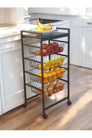 Tekerlekli̇ Metal Sebzeli̇k 4 Raflı Tel Sepetli̇ Çok Amaçlı Stand