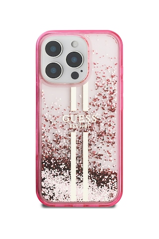 Apple Uyumlu iPhone 16 Pro Max Kılıf Guess Lisanslı Transparan Sıvılı Simli Altın Çizgili Kapak Pembe