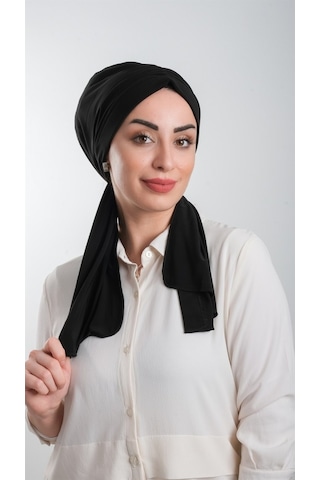 Siyah Pratik Hazır Geçmeli Tesettür Bone Kesik Elyaf Sade 2111_01 Siyah