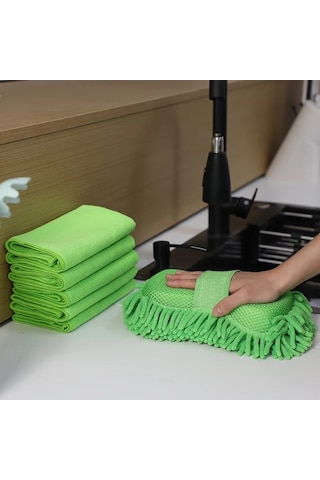 Honeybeeshop 6 Adet Mikrofiber Araba Yıkama Seti Yeşil Chenille Sünger 5 Havlu Süper Emici Çiziksiz