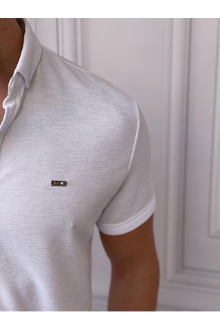 Modefendi Slim Fit Pamuk Örme Polo Yaka Kısa Kollu Gömlek Beyaz