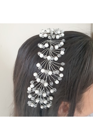 Beyaz Renk Incili Ve Kristal Boncuklu Gelin Tacı (549117933)