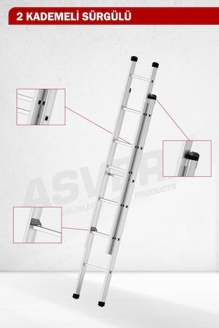 Asvera Endüstriyel 4 Metre 2 Parçalı Alüminyum Merdiven - 1.4 Mm Sürgülü Profesyonel Merdiven