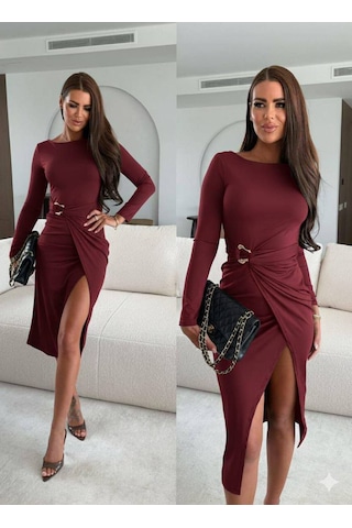 Kadın Bordo Toka Detaylı Yırtmaçlı Elbise Bordo
