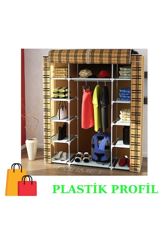 Beyazpazar Bez Dolap Plastik Profil Fermuarlı Yeni 12 Raf Ekose Ekose Desen
