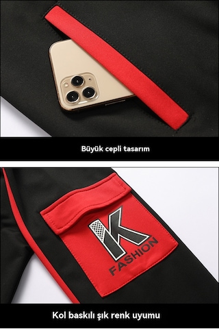 Kapüşonlu Rahat Spor Bol Trend Erkek Ceketi Siyah Ve Kırmızı