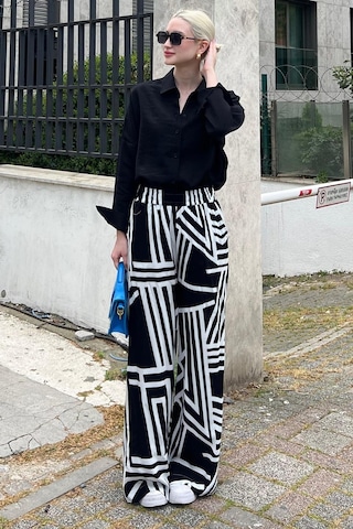 Madmext Siyah Desenli Beli Lastikli Bol Paça Pantolon Mg2051-siyah Siyah