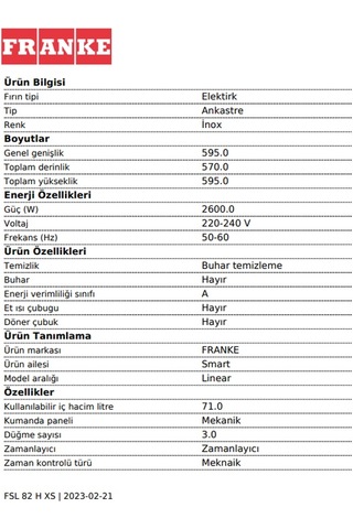 Franke Smart Linear FSL 82 H XS 71 LT Ankastre Fırın