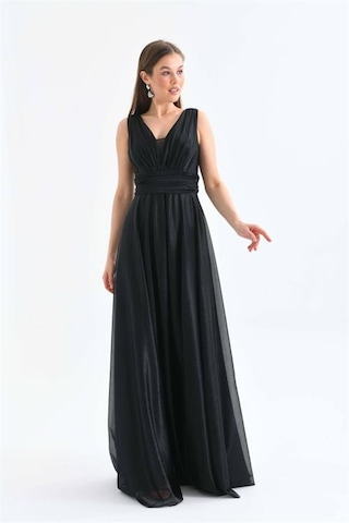 Neşeli Butik Kadın Siyah V Yaka Simli Tül Abiye Elbise Nbs9223 Siyah