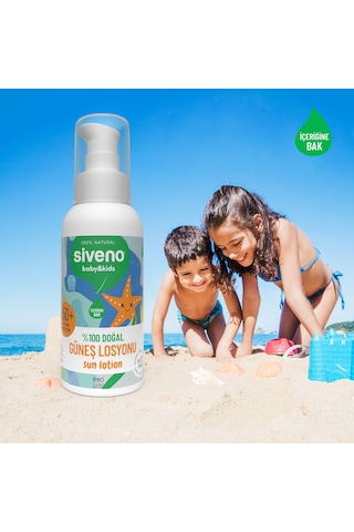 Siveno %100 Doğal Çocuk Güneş Losyonu Leke Karşıtı Nemlendirici Bitkisel Vegan UVA UVB SPF 50+ 100 ml