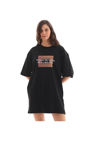 Modi Unisex Bisiklet Yaka Baskılı Oversize T-shirt - Siyah - Mymg112555