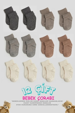 Cnt Erkek / Kız Bebek Kaydırmaz Taban Pamuklu Yumuşak Çorap 12 Li Paket Karışık Karışık