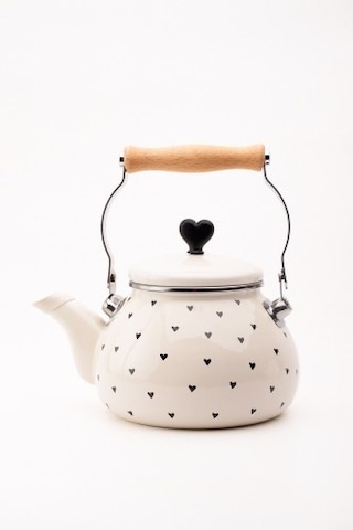Black Cupid Emaye Siyah Kalp Desenli Vintage Kettle - 2 Litre