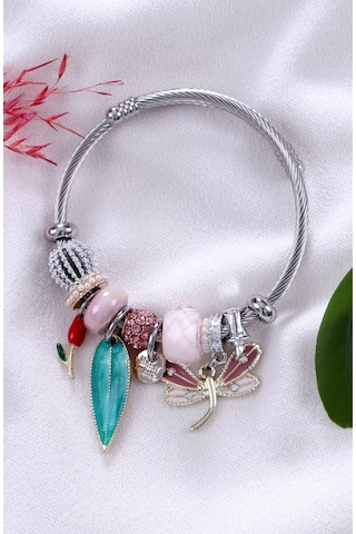 Bhs Life Kadın Charmlı Yapraklı Kelebek Figürlü Çelik Bileklik Beyaz