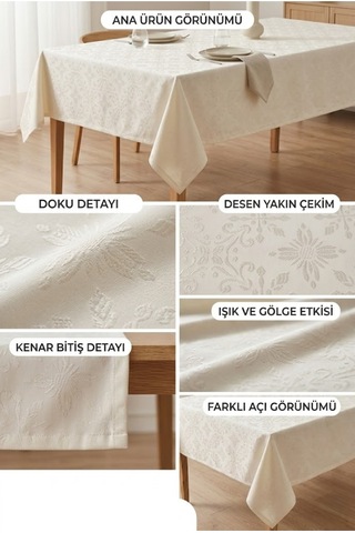 Kırık Beyaz Desenli Masa Örtüsü Jakarlı Kumaş Leke Tutmaz Şık Masa Örtüsü