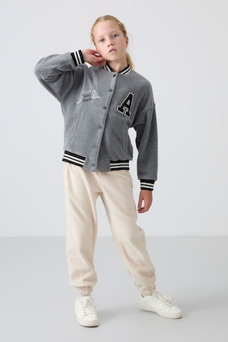 Tommy Life Gri Melanj Kalın Yumuşak Dokulu Standart Fit Nakışlı Polar Kız Çocuk Kolej Ceket - 75156 Gri Melanj