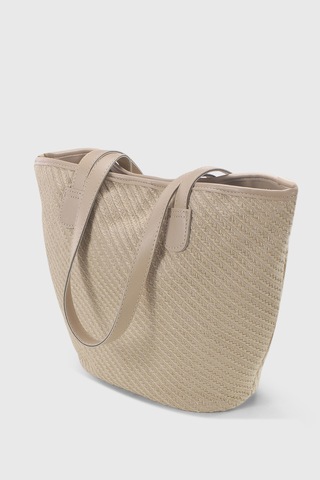 Housebags Doğal Hasır Krem Deri Askılı Plaj Çantası Hasır Krem