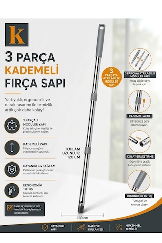 115 Cm Modüler Fırça Sapı 3 Parçalı Vidalı Uzayan Temizlik Fırçası Sapı