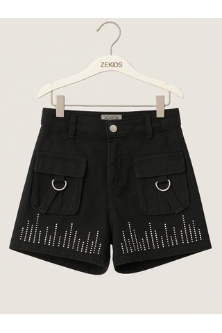 Kız Çocuk Taş İşlemeli Şort-15977 Siyah
