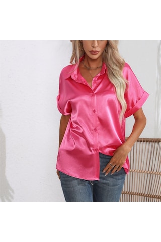 Gül Kırmızı Gmxıa Kadın Modası Günlük Düz Renk Baskı Uzun Kollu Polo Yaka Bluzlar Ve Gömlekler Fuşya