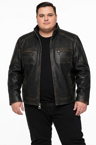 Viamod Leather Büyük Beden Erkek Siyah Hakim Yaka Deri Mont %100 Saf Deri Eskitme Görünümlü Fermuarlı Kışlık Ceket Petro