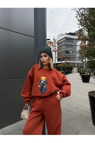 Reka Moda Bisiklet Yaka Üç İplik Sweat Takım - Kiremit Kiremit