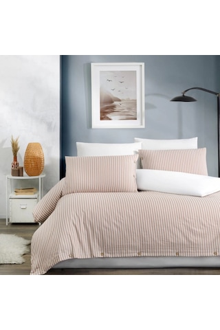 Çift Kişilik %100 Pamuk Ranforce Düğmeli Nevresim Takımı Lastikli Çarşaflı 200x220 Cm Bej Bej