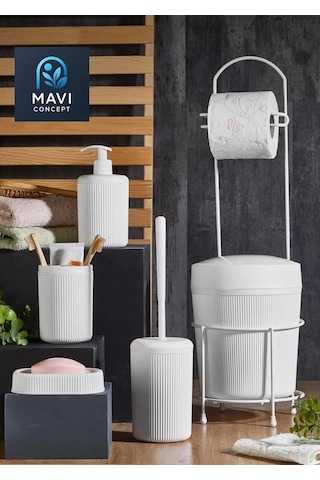 6 Parça Banyo Seti Çöp Kovalı Tuvalet Kağıtlığı-tuvalet Fırçası-sıvı Ve Katı Sabunluk-diş Fırçalık Beyaz