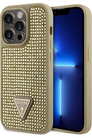 Apple Uyumlu iPhone 15 Pro Kılıf Guess Lisanslı Taşlı Arka Yüzey Üçgen Logolu Kapak Siyah