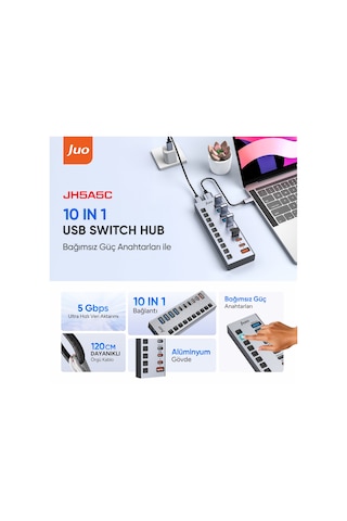 Juo Usb-a 10 Portlu Anahtarlı 5 Usb-a 5 Type-c 5gbps Pd Hızlı Şarj Destekli Usb 3.1 Çoklayıcı Dönüştürücü Hub