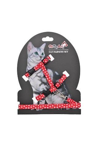 Pettagart Kırmızı Beyaz Pati Desenli Ayarlanabilir Kedi Göğüs Tasma Seti 10 Mm 110 Cm