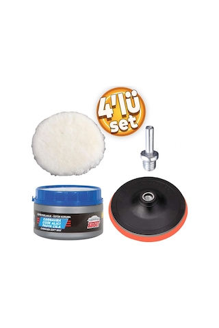 Pasta Cila Polisaj Parlatma Yünü Pedi Keçesi Süngeri+115 Mm Cırt Taban+matkap Aparatı+oto Pasta Cila 300 Gr 4'lü Set