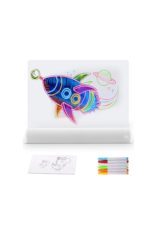 Samdoo Led Işıklı 3d Çizim Tahtası - 11 Renk Efekti, Akıllı Oyun, 6 Fosforlu Kalem, 5 Şablon, Silgi - Beyaz Abs+akrilik Beyaz