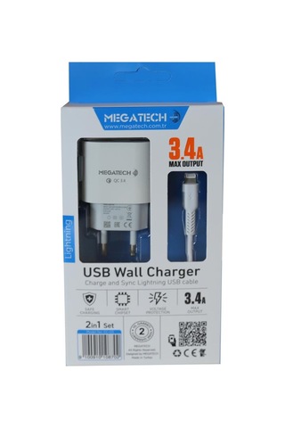 Megatech Cc-03 Mt-cl34 3.4a Lightning Usb Kablo + Ev Şarj Adaptörü Hızlı Şarj