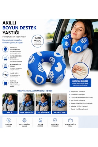 Akıllı Boyun Destek Yastığı Visco Hafızalı Süngerli Seyahat Yastığı Mavi 01